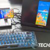 The Plugable UDS-7IN1 USB-C Phone Stand Docking Station with keyboard and mouse attached to a Huawei P40 Pro Android smartphone. The Plugable UDS-7IN1 USB-C Phone Stand Docking Station with keyboard and mouse attached to a Huawei P40 Pro Android smartphone